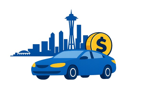 Car with Seattle skyline and a gold dollar coin